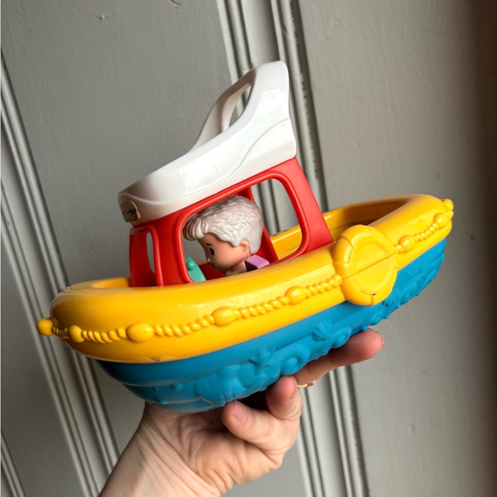 Fisher Price Little People Yellow & Blue Toy Boat with Red Cabin Bath Float